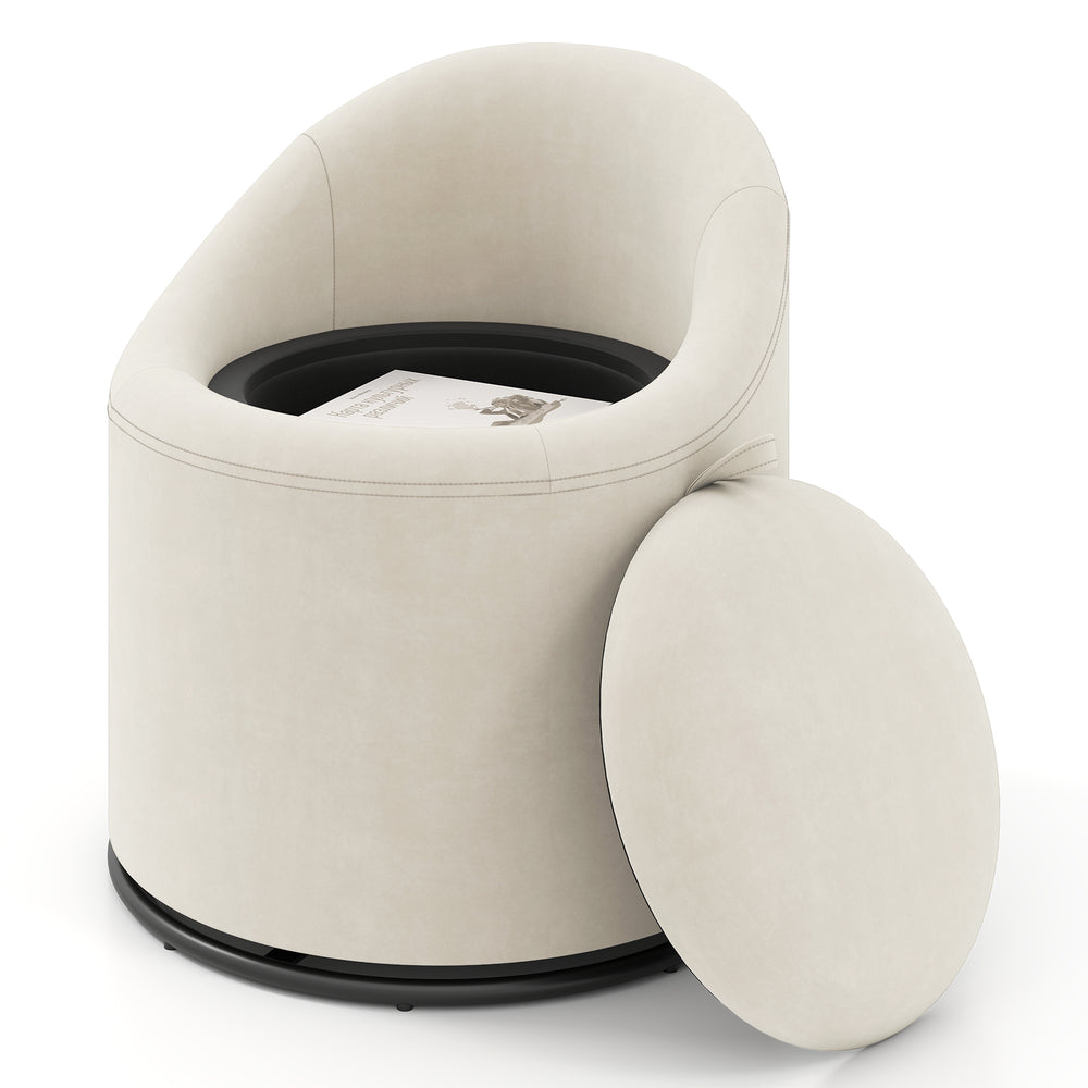 Beige barrel chair showcasing a smooth 360° swivel and soft velvet fabric, ideal for versatile home decor and comfort.