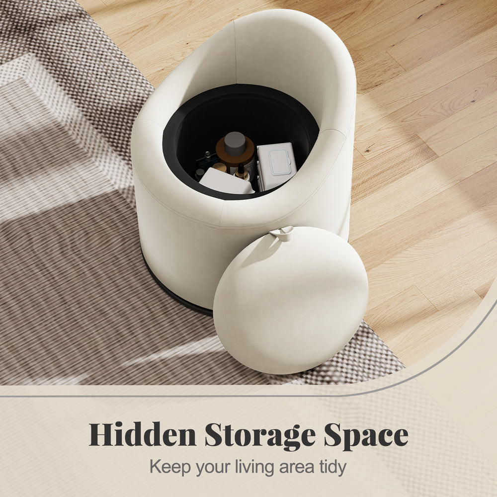 Beige barrel chair with hidden storage compartment, upholstered velvet fabric, perfect for living room organization.