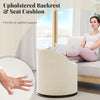 Beige barrel chair with upholstered backrest and seat cushion, featuring a hidden storage compartment and 360° swivel.
