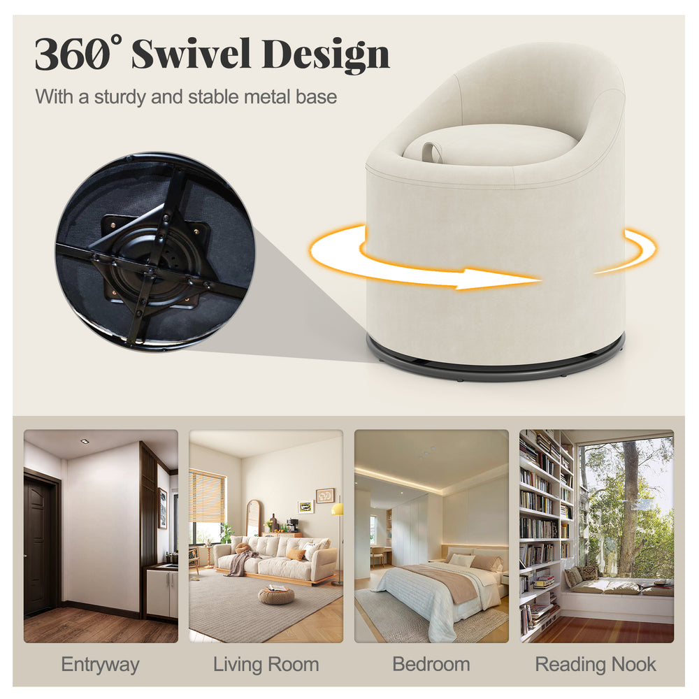 Beige barrel chair with hidden storage, soft velvet upholstery, and 360° swivel for versatile living room use.
