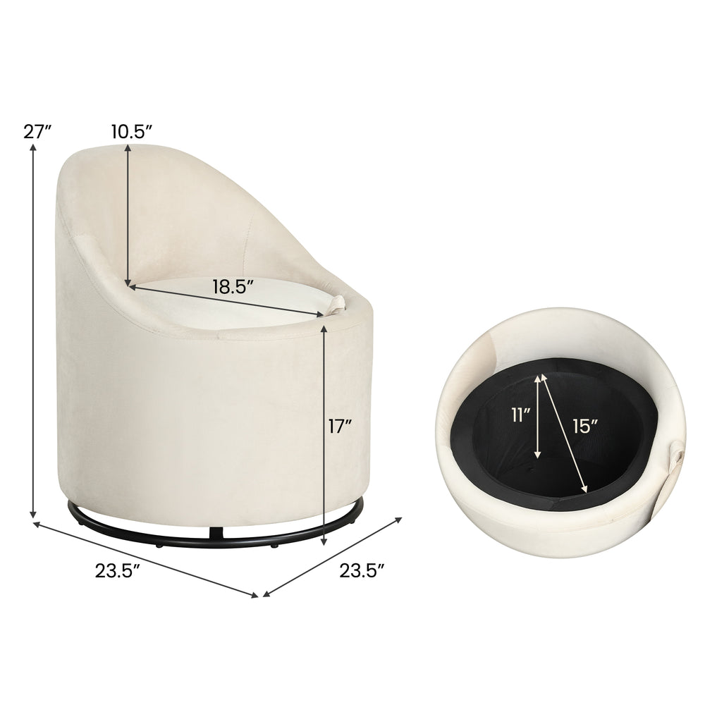Beige barrel chair with hidden storage, 360° swivel, soft velvet upholstery, ideal for bedroom or living room use.