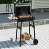 Barrel charcoal grill with foldable side table, built-in thermostat, and storage shelf, perfect for outdoor cooking.