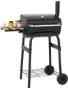 Barrel charcoal grill in black with foldable side table, built-in thermostat, and two wheels for easy transport.