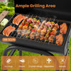 Barrel charcoal grill with ample grilling area, featuring kebabs, hot dogs, and a foldable side table for outdoor.