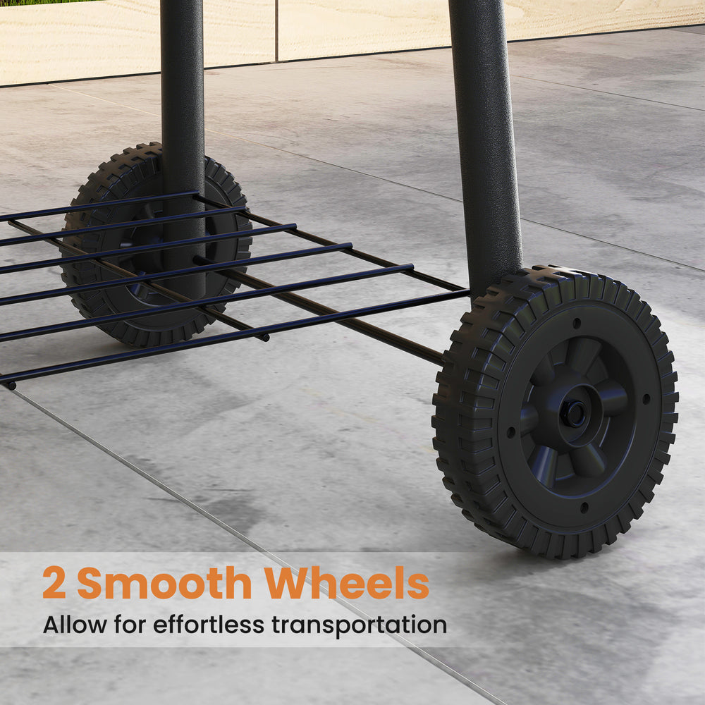 Close-up of the Barrel Charcoal Grill's smooth wheels for effortless transportation and convenient mobility.