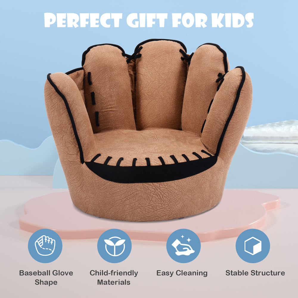Five fingers baseball glove shaped kids sofa in soft faux suede, perfect for ages 3-5, lightweight and easy to clean.