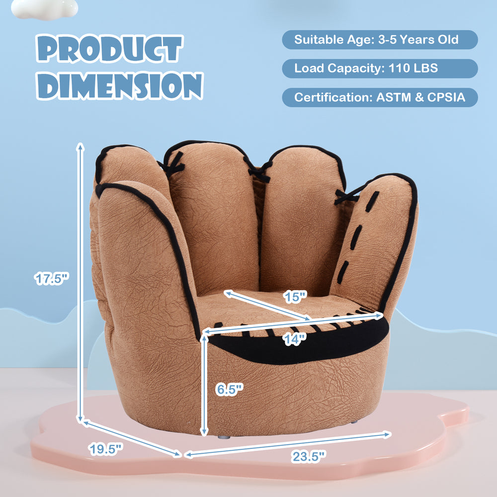 Five fingers baseball glove shaped kids sofa with soft faux suede, measuring 23" x 19" x 17", ideal for ages 3-5.