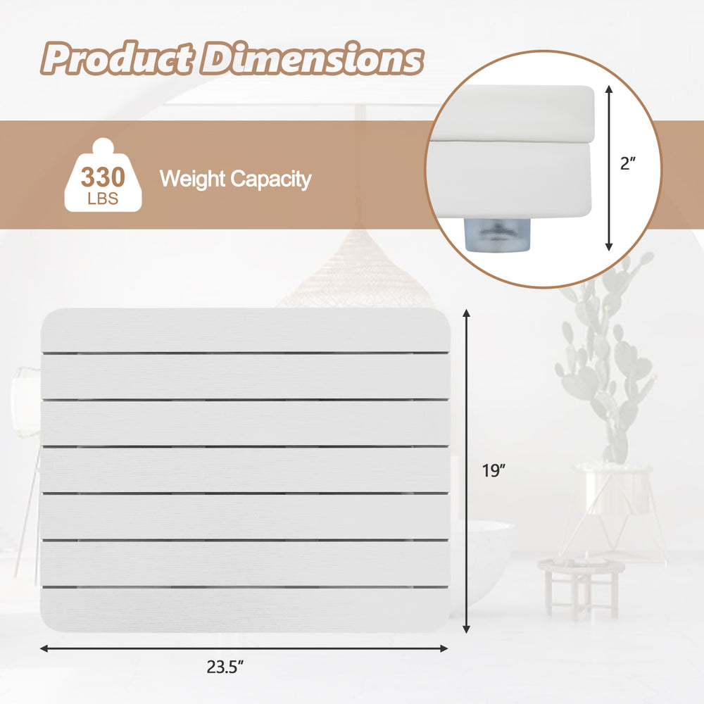 Dimensions of the waterproof HIPS bath spa shower mat in white, featuring a slatted design and 330 lbs weight capacity.