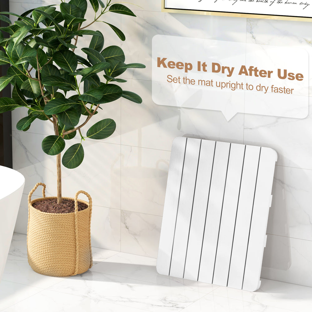 White waterproof HIPS bath spa shower mat with slatted design, anti-slip foot pads, ideal for quick drying and safety.