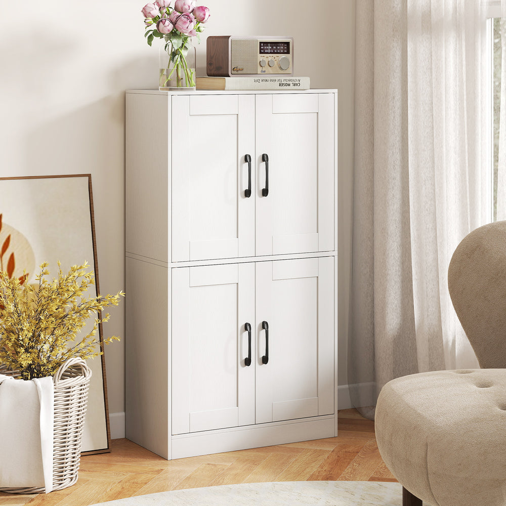 White bathroom cabinet with two spacious doors and adjustable shelves, ideal for stylish storage in any room.