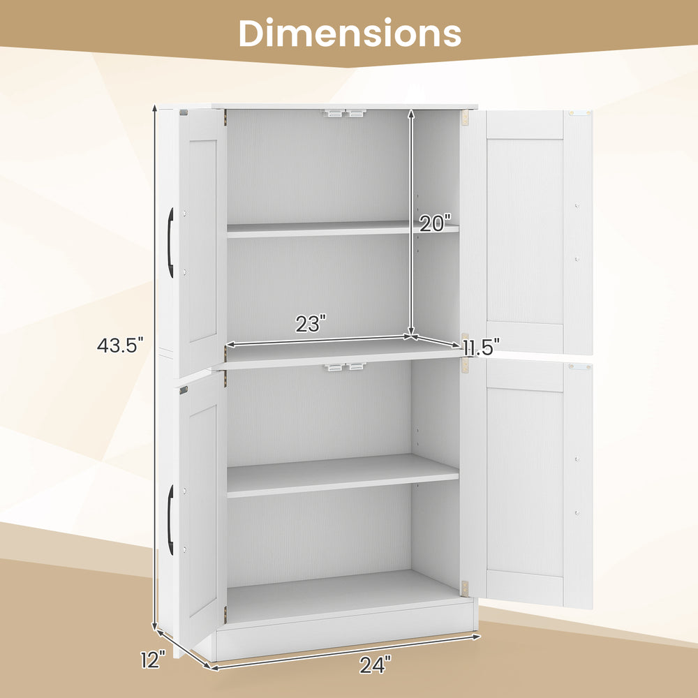 Dimensions of the 43.5-inch white bathroom cabinet with adjustable shelves and dual cabinet doors for versatile storage.