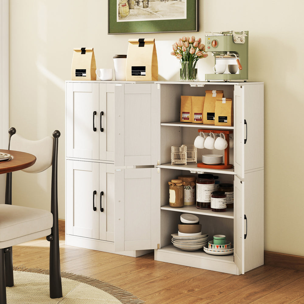 White bathroom cabinet with adjustable shelves, multiple doors, and metal handles, ideal for kitchen or living room.