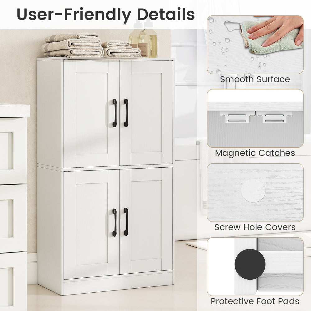 White bathroom cabinet with two doors, adjustable shelves, and protective foot pads for versatile storage solutions.