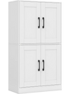 White bathroom cabinet with two spacious cabinets, adjustable shelves, and metal handles for versatile storage.