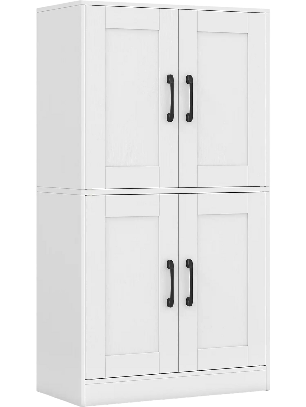 White bathroom cabinet with two spacious cabinets, adjustable shelves, and metal handles for versatile storage.