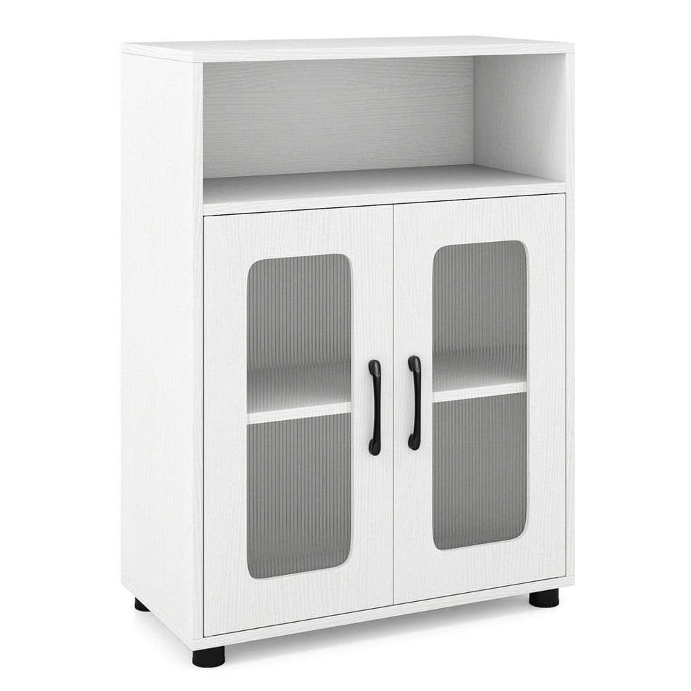 Freestanding white bathroom cabinet with two doors and a three-level adjustable shelf for organized storage.