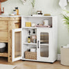 Freestanding white bathroom cabinet showcasing a side view with two glass doors and three adjustable shelves for.