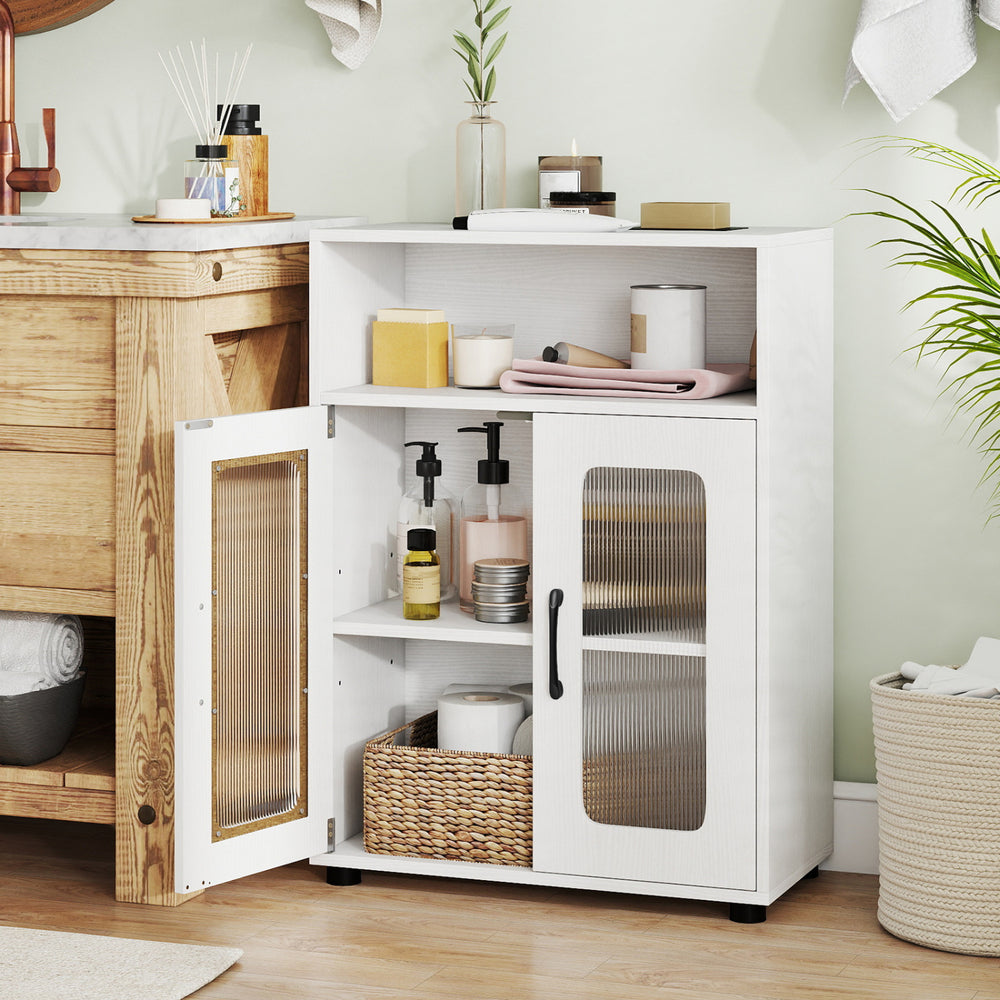 Freestanding white bathroom cabinet showcasing a side view with two glass doors and three adjustable shelves for.