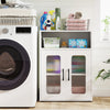 Freestanding white bathroom cabinet with two doors and adjustable shelves, ideal for organizing toiletries and towels.