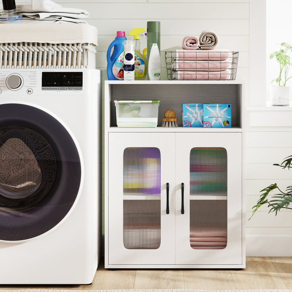 Freestanding white bathroom cabinet with two doors and adjustable shelves, ideal for organizing toiletries and towels.