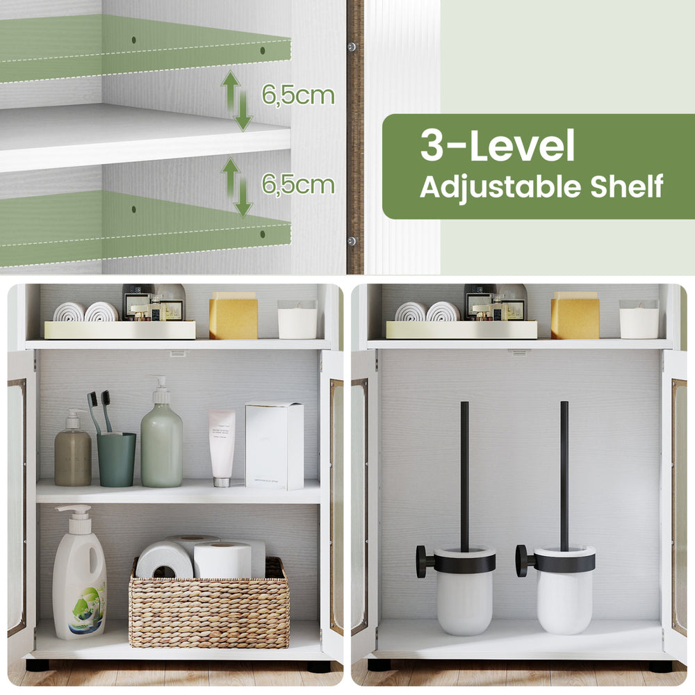 Freestanding bathroom cabinet with two doors and a 3-level adjustable shelf in white, showcasing interior storage.