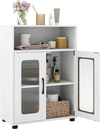 Freestanding white bathroom cabinet with two doors and three adjustable shelves for organized storage.