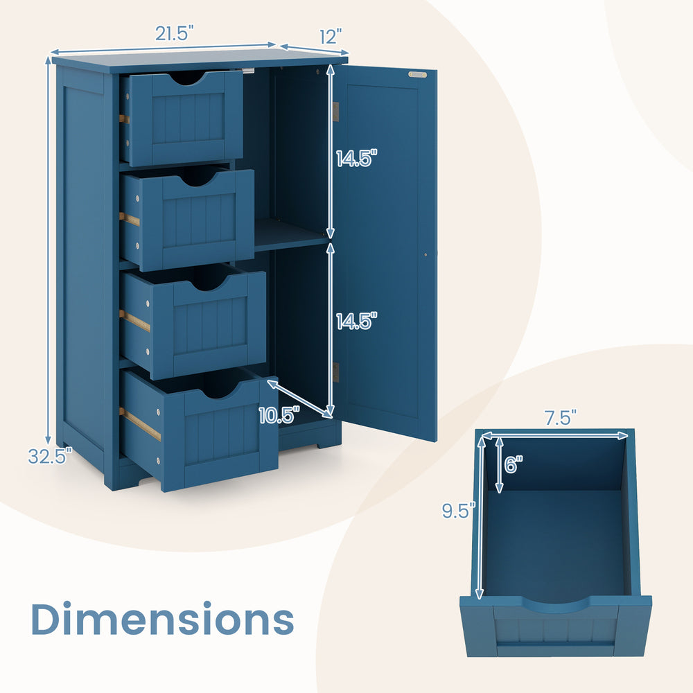 Dimensions of the Prussian Blue bathroom cabinet with 4 drawers and enclosed shelves for organized storage.