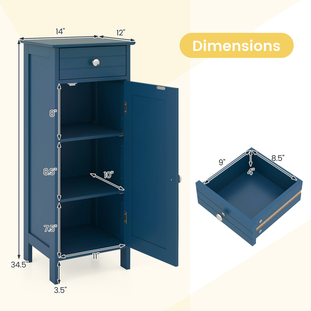 Prussian Blue bathroom cabinet dimensions with 4 shelves, 1 drawer, and anti-tipping kit for compact storage solutions.