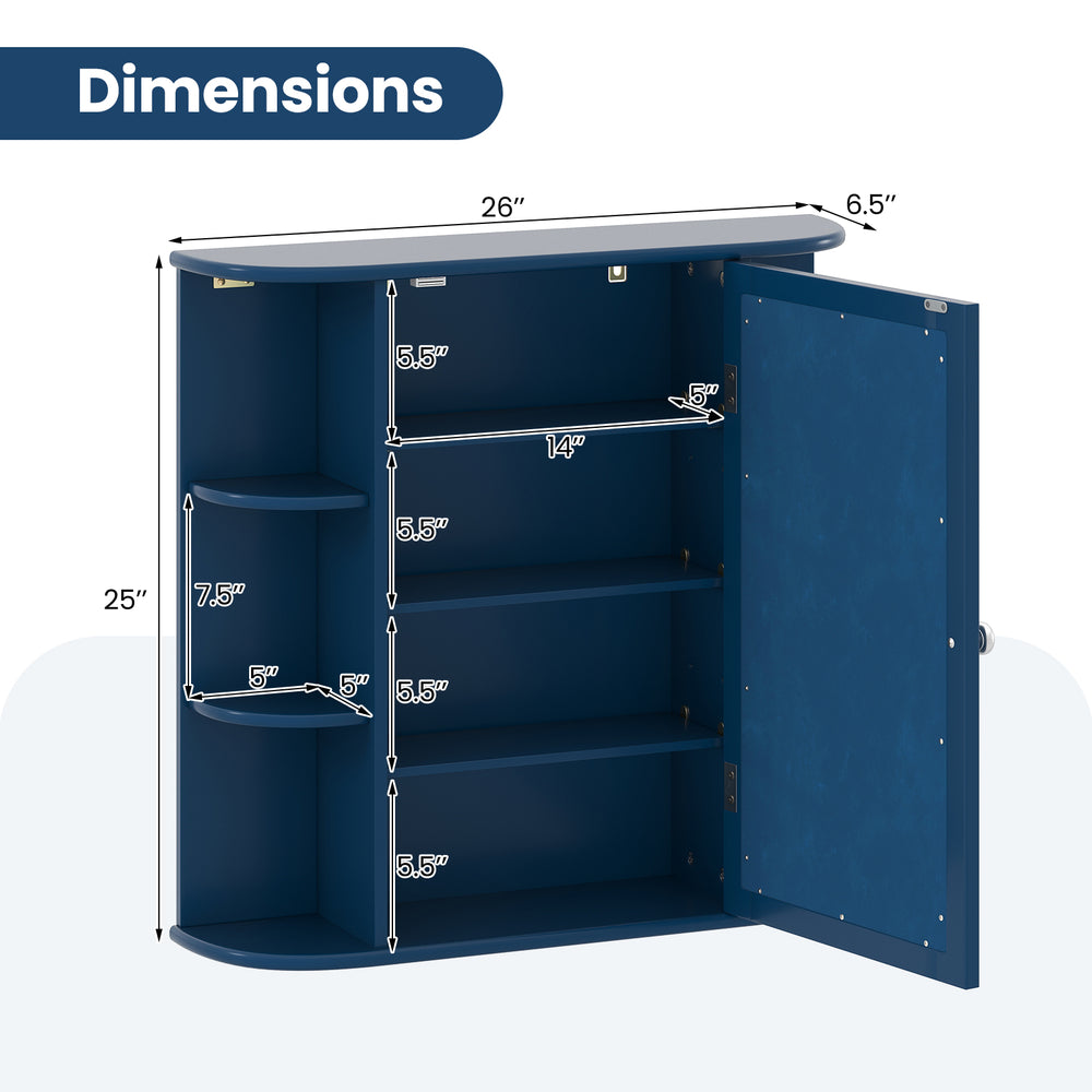 Dimensions of the Prussian Blue bathroom cabinet with 4 shelves and 6 open shelves for organized storage.