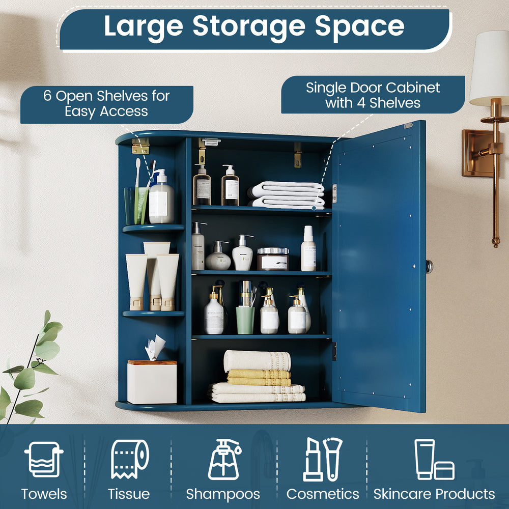 Prussian Blue bathroom cabinet with 6 open shelves and 4 enclosed shelves for organized storage and easy access.