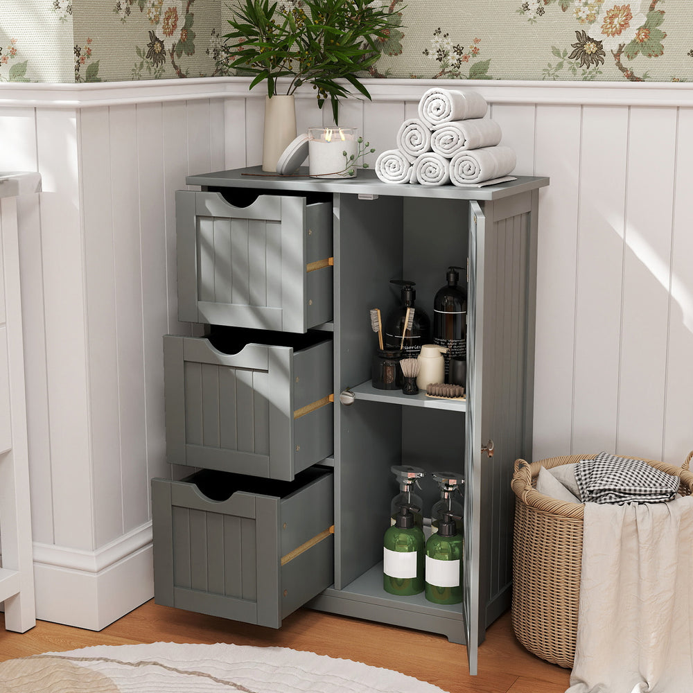 Bathroom Floor Cabinet Side Storage Cabinet with 3 Drawers and 1 Cupboard-Gray - Gallery View 1 of 10