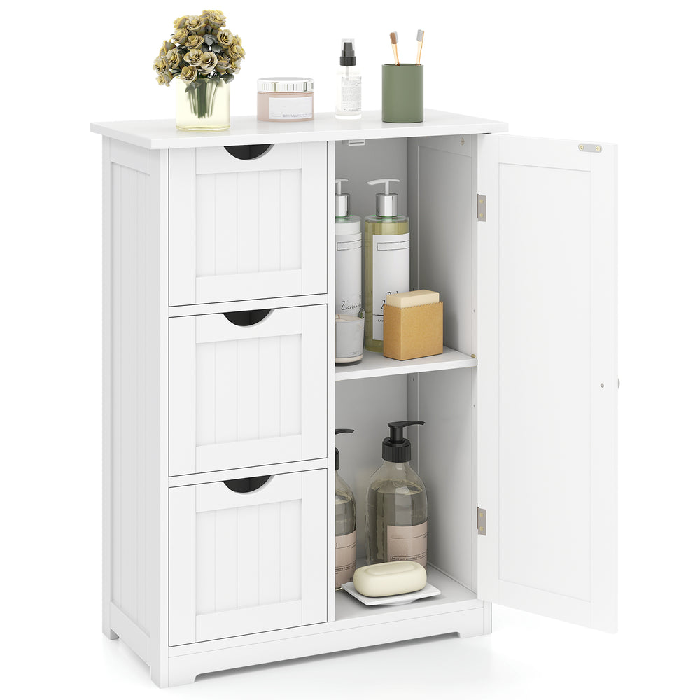 White bathroom floor cabinet featuring 3 drawers and 1 adjustable cupboard, ideal for organized storage in any room.