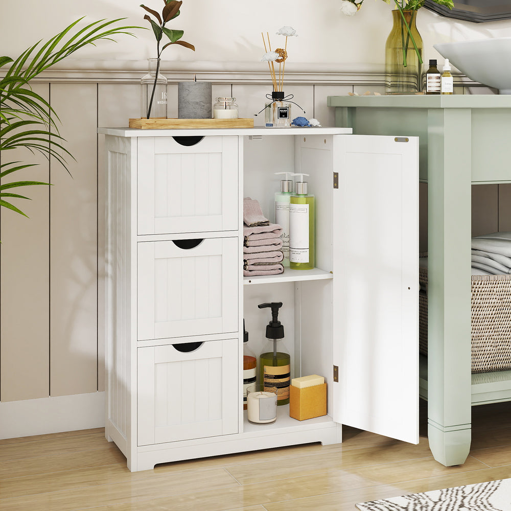 White bathroom floor cabinet featuring three drawers and one cupboard, adjustable shelf, and waterproof surface for.