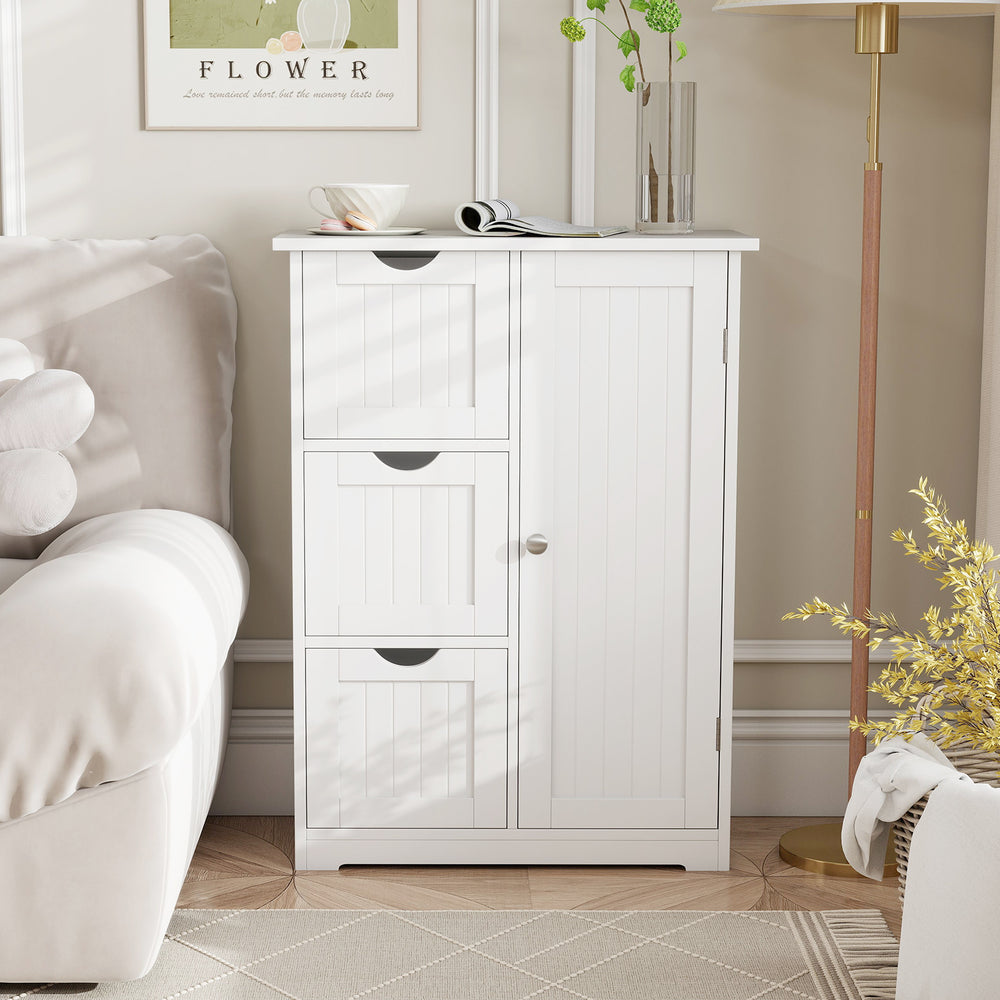 Bathroom Floor Cabinet Side Storage Cabinet with 3 Drawers and 1 Cupboard-White - Gallery View 1 of 12