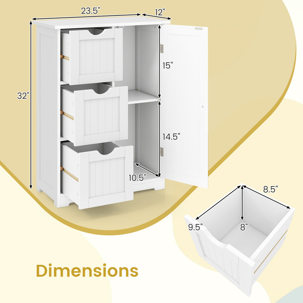 Bathroom floor cabinet with 3 drawers and 1 cupboard, featuring adjustable shelf and waterproof surface for versatile.