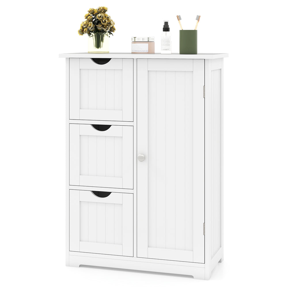 White bathroom floor cabinet featuring 3 drawers and 1 cupboard, adjustable shelf, and waterproof surface for versatile.