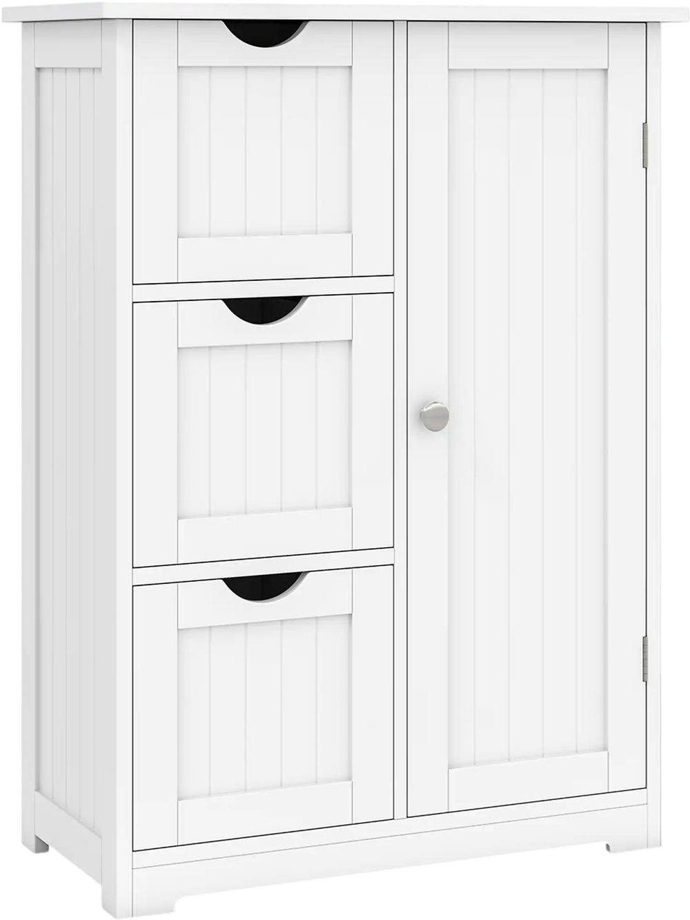 White bathroom floor cabinet featuring 3 drawers and 1 cupboard, adjustable shelf, waterproof surface, ideal for.