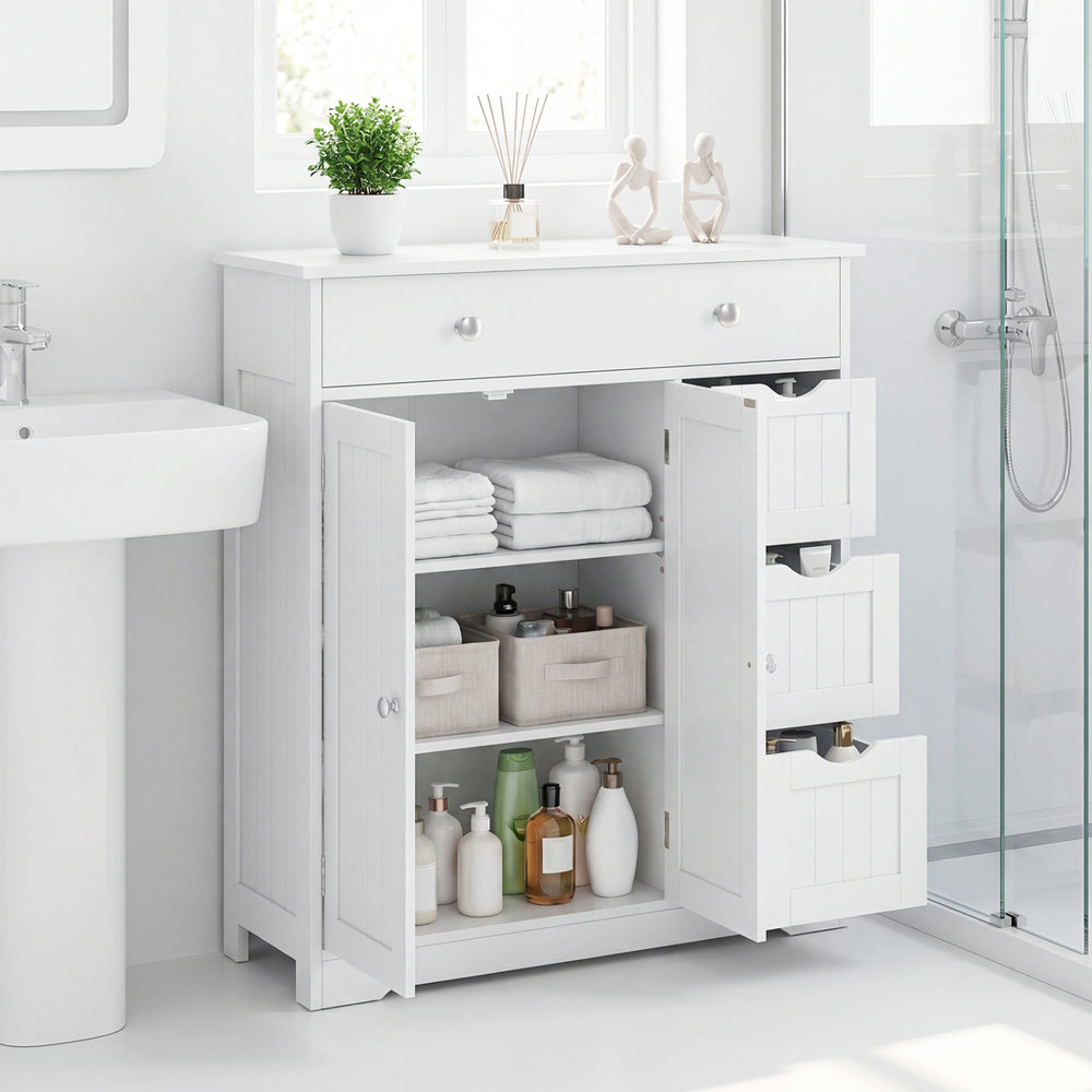 White bathroom floor cabinet featuring 4 drawers, 2 doors, and adjustable shelf for organized storage and modern design.