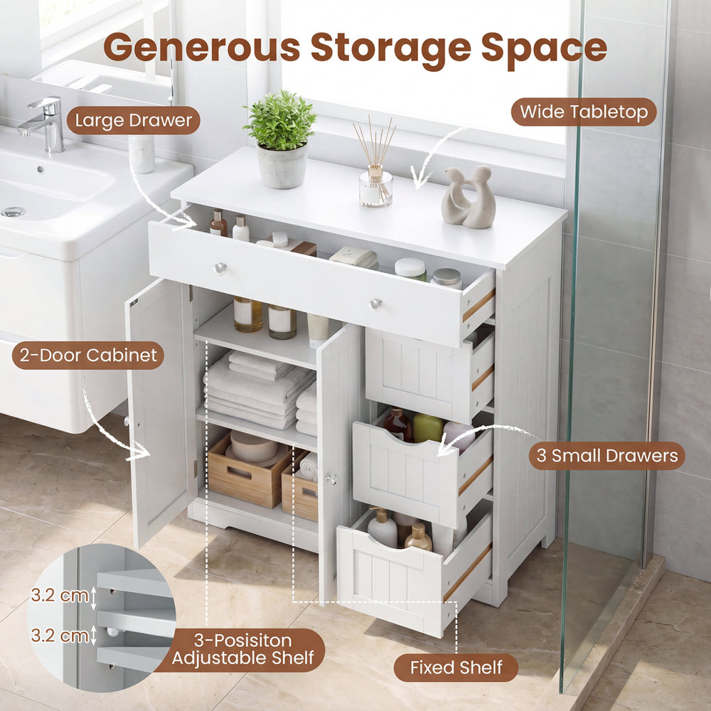 Bathroom floor cabinet in white with 4 drawers, 2 doors, and adjustable shelf for organized storage and modern style.