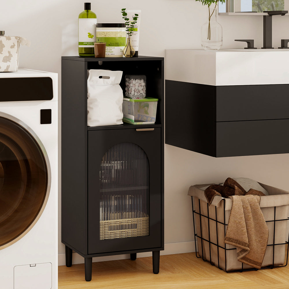 Bathroom Floor Cabinet Wood Side Storage Organizer with Adjustable Shelf-Black - Gallery View 1 of 10