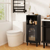 Black bathroom floor cabinet featuring a spacious countertop, elegant wavy glass door, and solid wood legs for durability.