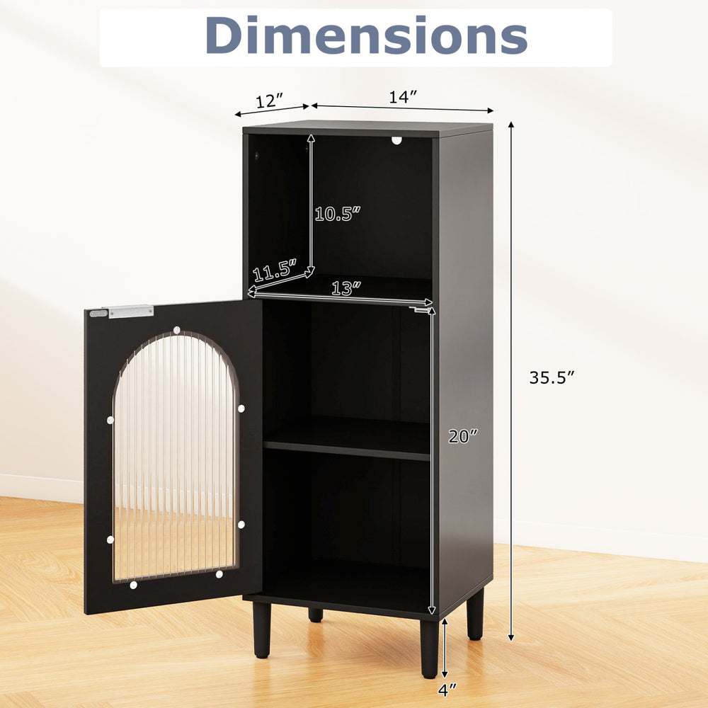 Black bathroom floor cabinet with adjustable shelf, tempered glass door, and solid wood legs for organized storage.