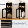 Bathroom floor cabinet in black with adjustable 3-position shelf, solid wood legs, and tempered glass door for storage.