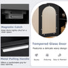 Tempered glass door with a wavy design and metal handle on a black wooden bathroom floor cabinet for organized storage.