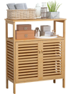 Bamboo bathroom floor storage cabinet with natural finish, exquisite knobs, and compact design for stylish organization.