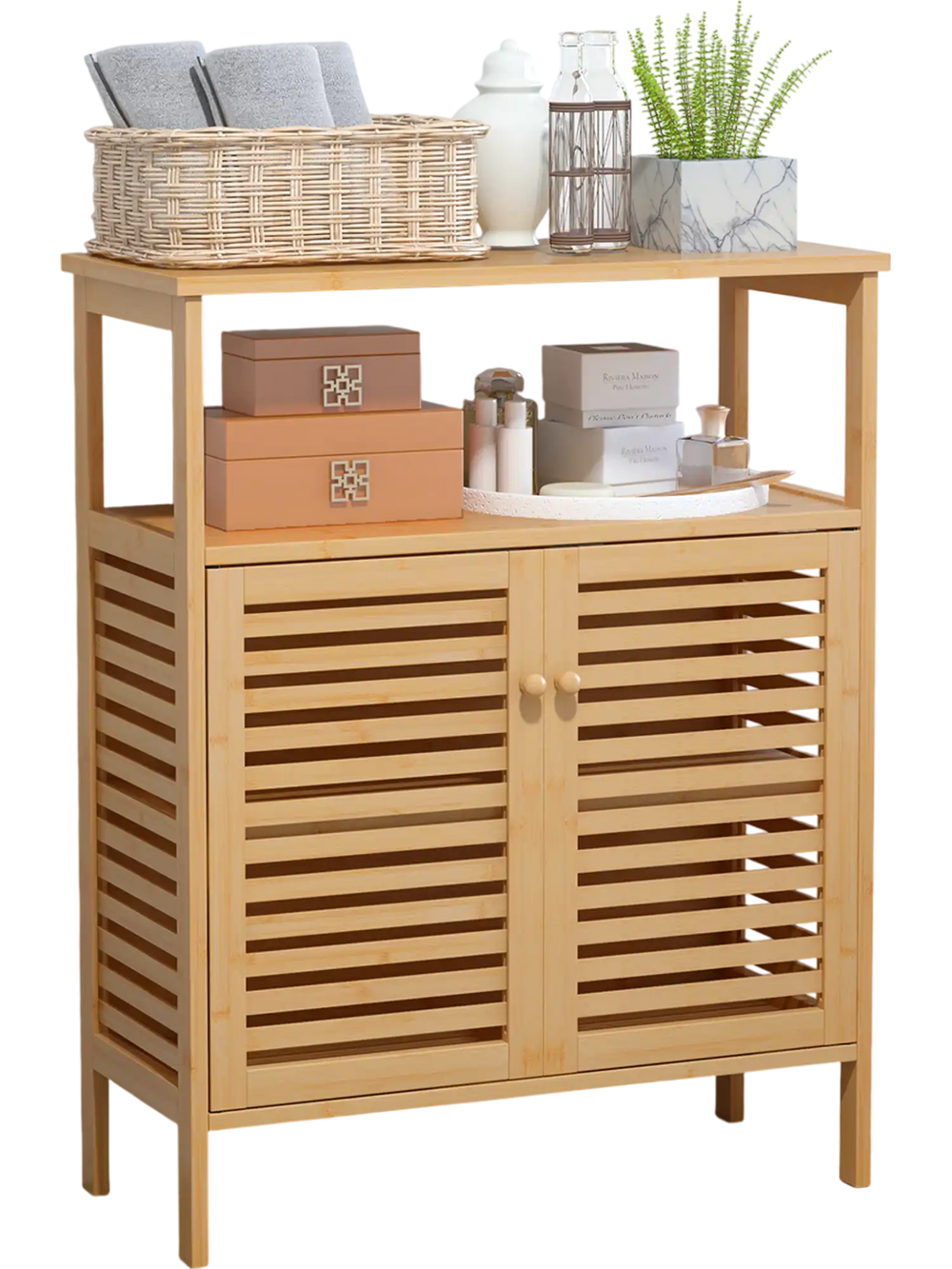 Bamboo bathroom floor storage cabinet with natural finish, exquisite knobs, and compact design for stylish organization.