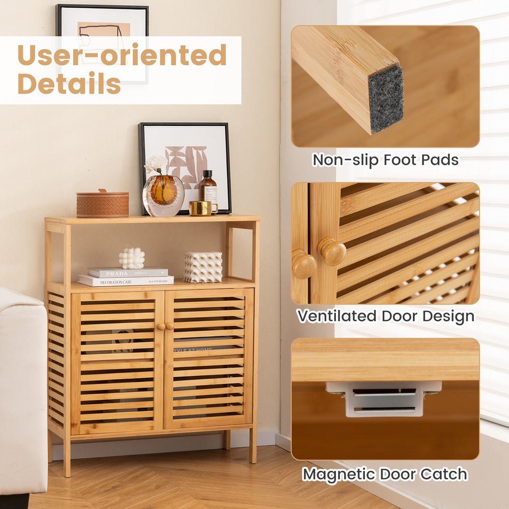 Bamboo bathroom floor storage cabinet with slatted doors, open shelf, and elevated legs for ventilation and easy access.