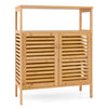 Bamboo bathroom floor storage cabinet with slatted doors, open shelf, and countertop for versatile organization.
