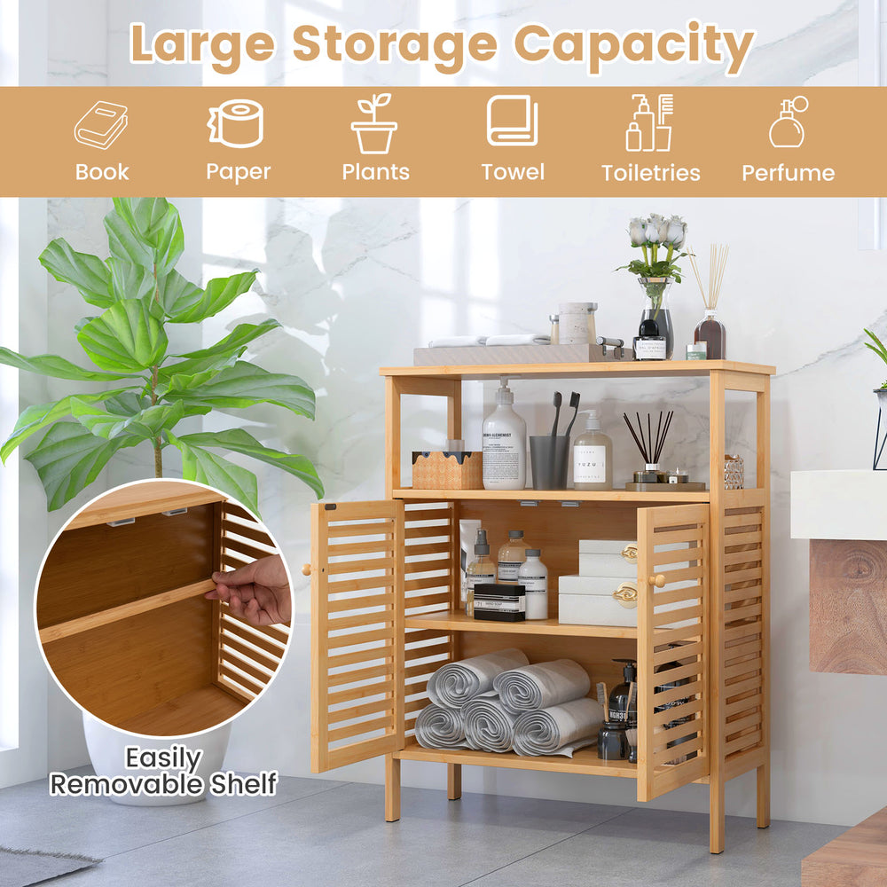 Bamboo bathroom floor storage cabinet with slatted doors, open shelf, and removable shelf for versatile organization.