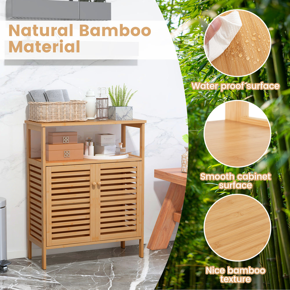 Bamboo bathroom floor storage cabinet with slatted doors, waterproof surface, and spacious countertop for versatile.